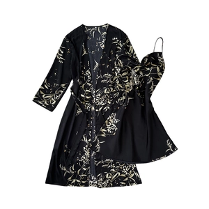 Women's two-piece floral satin sleepwear set with long robe and slip dress in black