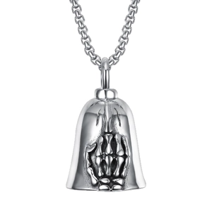 Punk guardian bell pendant with skull hand engraving on a silver box chain