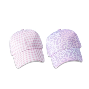 Pink gingham and purple leopard print baseball cap set with a curved brim design