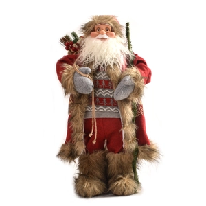 Detail of 45cm Santa doll with red robe, knit sweater, wooden staff and berry bag
