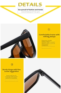 Detail view of square trendy sunglasses showing ergonomic frame and high strength hinges