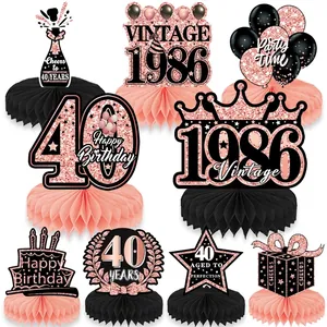 8-piece set of rose gold 40th birthday honeycomb table centerpieces with glitter cardstock