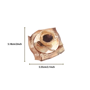 Detail view of coffee cup sticker with dimensions 5.55cm by 5.18cm on white background