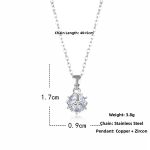 Detail of zircon cube pendant with 40+5cm stainless steel chain and dimensions info