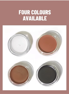 Top view of four eyebrow gel shades in glass jars ranging from white to dark black