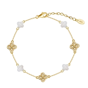 925 Sterling Silber Armband Vierblättriges Kleeblatt Natürliche Perlmutt Hohlblume Verstellbare Kette Für Damen Elegant