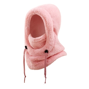 Detail of pink fleece balaclava showing plush texture and adjustable drawstrings