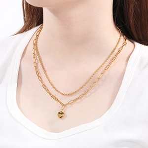 Double-layer gold stainless steel heart necklace with paperclip chain and bead links