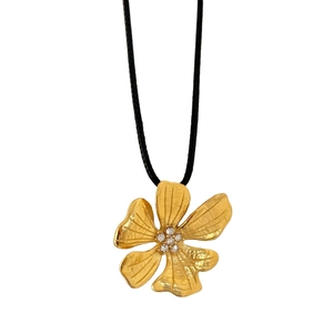 18k gold plated stainless steel daisy pendant necklace with zircon and black cord