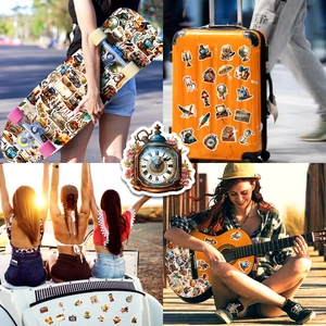Macro view of vintage stickers applied to a skateboard, luggage, car, and guitar surface