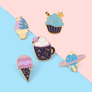 5pcs cartoon space dessert enamel pins set with stars and galaxies on colorful background