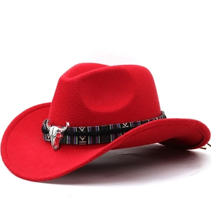 Western Cowboy Hat Wool Felt Wide Brim With Metal Bull Head Skull Ethnic Braided Band Vintage Jazz Fedora Men Women