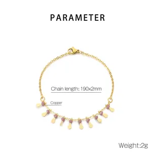 Detail of copper gold bracelet with pink beads and water drop charms, 190mm length