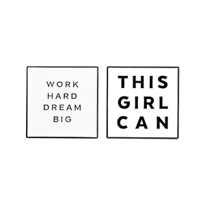 Minimalist enamel square brooches with Work Hard Dream Big and This Girl Can slogans