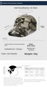 Size chart for camouflage baseball cap showing head circumference measurements and dimensions