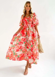 Florales Maxikleid mit Puffärmeln und quadratischem Ausschnitt in Orange und Rosatönen