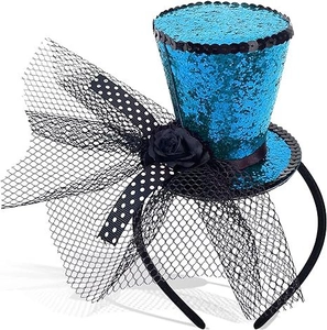 Detail of bright blue sequin witch hat headband with net veil and satin rose flower