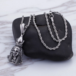 Retro stainless steel Egyptian Pharaoh pendant necklace with silver twisted chain on stone