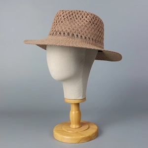 Chapeau de paille Panama marron classique à larges bords ajourés pour la plage