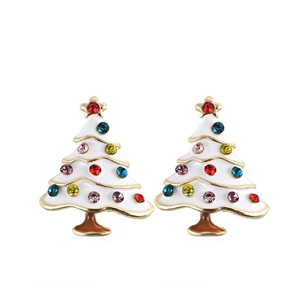 Close-up of white enamel Christmas tree stud earrings with multi-colored crystals and gold plating