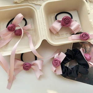 Pink handmade rose hair scrunchie set with ribbon bows in an aesthetic gift box