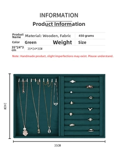 Green wooden jewelry tray with necklace hooks and ring slots measuring 35x24x3cm