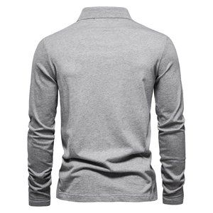 Rear view of grey cotton polo shirt showing premium textured fabric and ribbed collar