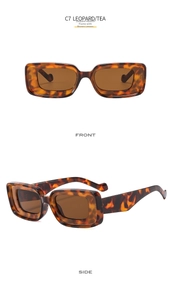 Front and side view of leopard print rectangular sunglasses with tea colored lenses
