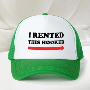 Green and white trucker hat featuring a slogan print and adjustable mesh back design