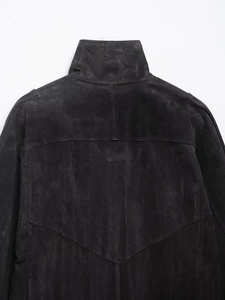 Detail of dark grey faux suede biker jacket featuring stand collar and shoulder epaulettes