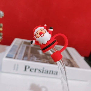 Cute Santa Claus silicone straw topper on clear glass straw for drinks and milk tea