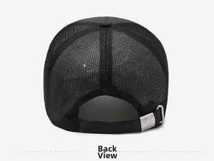 Detailed back view of black mesh baseball cap with adjustable silver metal buckle strap