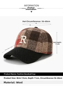 Detailed view of checkered wool baseball cap with 'R' embroidery and size measurements