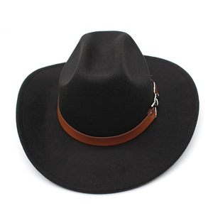 Close-up of black felt cowboy hat featuring a brown leather band and silver buckle detail