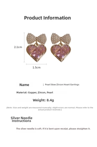 Detail specifications of pearl bow and pink zircon heart earrings with 2.1x1.5cm dimension