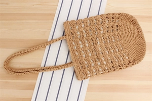 Detail of handwoven cotton rope tote bag with fan-shaped hollow patterns and textured finish