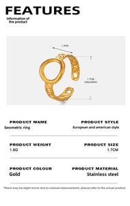 Detail specifications of golden geometric hollow stainless steel ring with dimensions