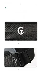 Close-up of black straw sun visor with G logo and adjustable COOLKNIT metal buckle
