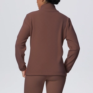 Women's fleece lined sports set featuring a dark brown stand collar jacket and leggings