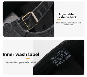 Detail view of adjustable back buckle and 100% cotton wash label on dark gray baseball cap