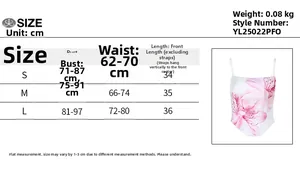 Detailed size chart for floral crop top including bust, waist, and length measurements