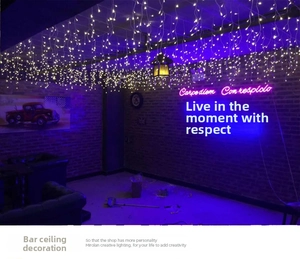 Dettaglio di luci a LED a cascata bianco caldo e insegne al neon per decorazione interna