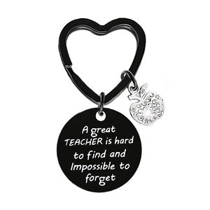 Black heart keychain with apple charm and teacher appreciation quote on round pendant
