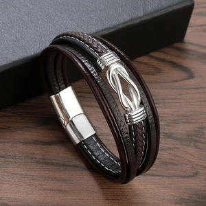Multilayer braided leather bracelet with infinity symbol and magnetic metal clasp