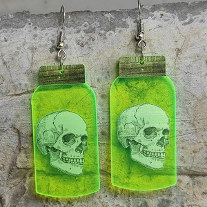 Boucles d'oreilles fioles vert fluorescent en acrylique avec crâne et crochets argent