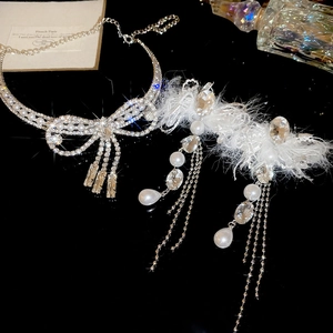Detailed view of silver bow necklace and feather pearl earrings on black background