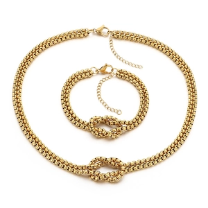 Exaggerated geometric stainless steel necklace and bracelet set with pearl knots