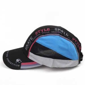 Detail of breathable mesh panels and skate typography on a quick-dry baseball cap