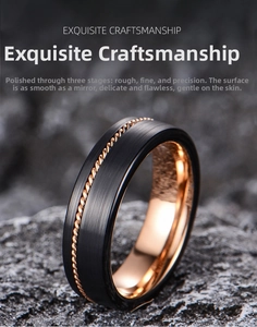 Macro view of two-tone tungsten ring showing black brushed finish and gold twisted rope detail