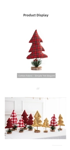 Close-up of mini fabric Christmas trees with plaid patterns and wooden bases